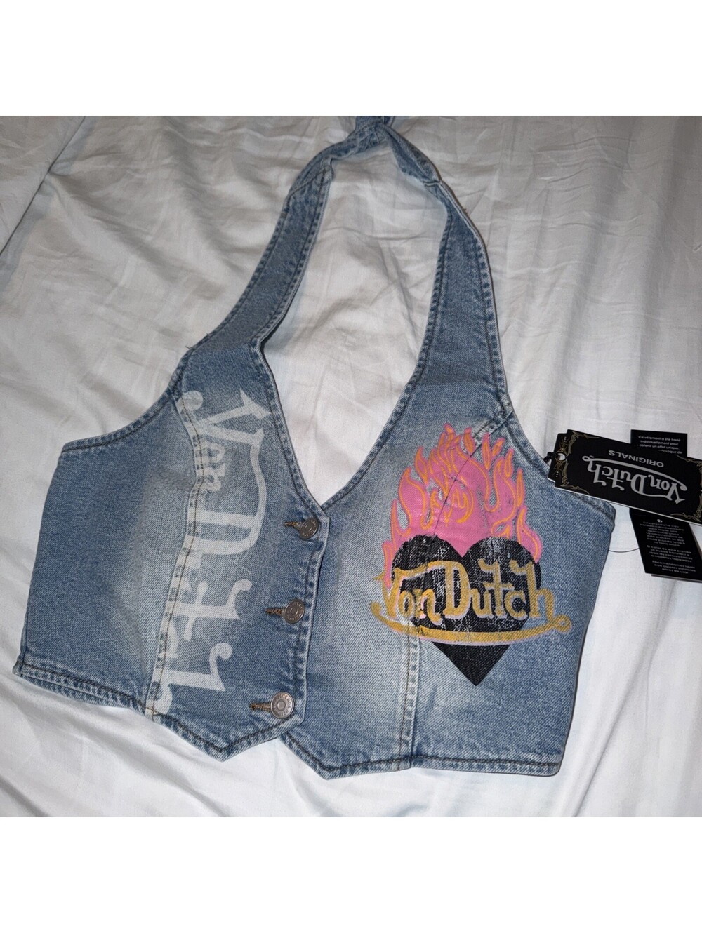 NWT Von Dutch Denim Flame Embroidered Halter Vest Top